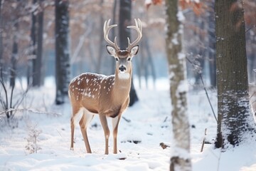 Gentle deer foraging under the weight of winter snow.