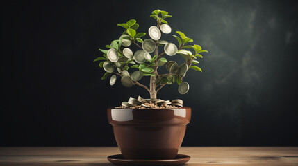 An abundant potted tree, vividly green, symbolizes investment returns and affluence, embodying the profitable consequences achievable through prudent financial selections.