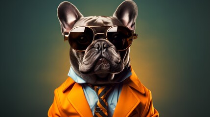 French bulldog dog in suit with stylish and cool attitude. Pets outfit is adorned with a variety of colors, adding a playful touch to its overall appearance.