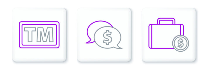 Set line Briefcase and money, Trademark and Speech bubble with dollar icon. Vector