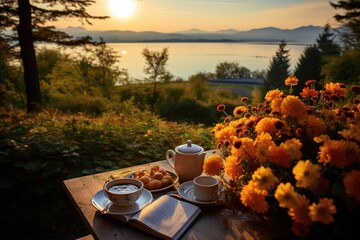 Fototapeta premium Breakfast table set under autumn trees, overlooking lake in Japan. Bouquet of flowers, cup of tea, books adorn the table. Reflection of the mountains and trees in the lake creates a beautiful scene.