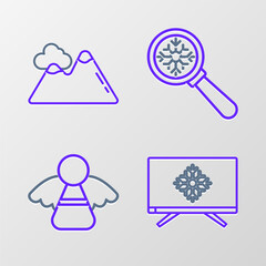 Set line Merry Christmas on television, angel, Magnifying glass with snowflake and Mountains icon. Vector