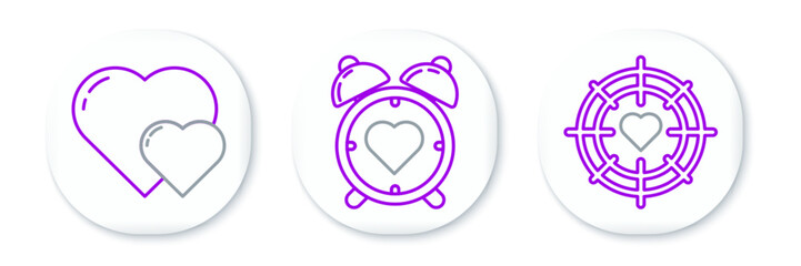 Set line Heart in the center of darts target aim, and alarm clock icon. Vector