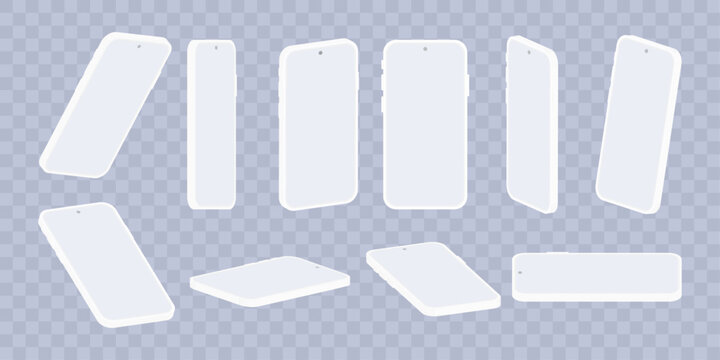 Smart phone and clay phone mockup, Realistic mobile with different angles view collection. White smartphones in various angles with blank screens. Vector.