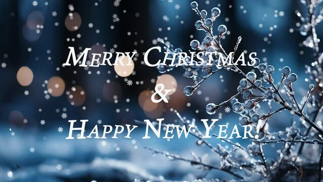 Christmas New Year greeting video screensaver with falling snow and a still festive image of a snow-covered icy twig