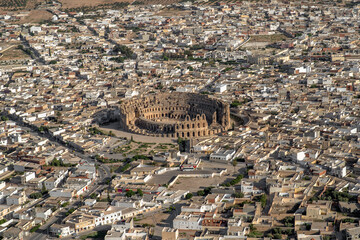 El Jem Coliseum seen from the sky. The largest Roman amphitheater in Africa. Unesco World Heritage.