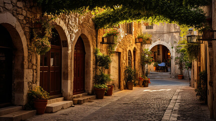 Fototapeta na wymiar Medieval arched street in the old town of Rhodes