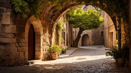 Fototapeta na wymiar Medieval arched street in the old town of Rhodes