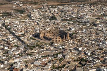 El Jem Coliseum seen from the sky. The largest Roman amphitheater in Africa. Unesco World Heritage.