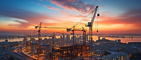 Obraz premium Industrious cranes at dusk.