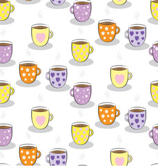 Vector Simple Coffee Seamless Pattern Transparent and Heart Polka Cut Out Illustrations in Porcelain Cups Decorated with Geometric Shapes Repeated Background with Various Coffee Drinks, Decorative Wra