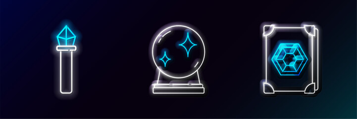 Set line Ancient magic book, Magic staff and ball icon. Glowing neon. Vector