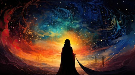 a woman in a cloak standing in front of a colorful starry sky