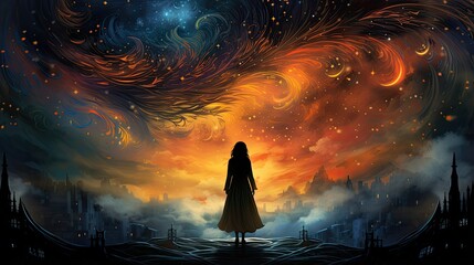 a woman in a cloak standing in front of a colorful starry sky