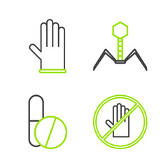 Set line No handshake, Medicine pill or tablet, Bacteria bacteriophage and Medical rubber gloves icon. Vector