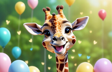 A super cute giraffe with big eyes and a smiling face is looking at you.