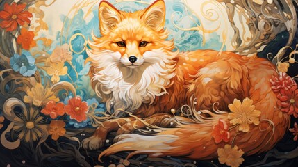 The fox sitting among a lotus flower and sun