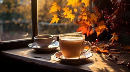 Naklejka na ściany i meble A sunbeam filtering through sheer curtains, casting a warm, golden glow across a rustic wooden table adorned with freshly fallen autumn leaves and a steaming cup of tea