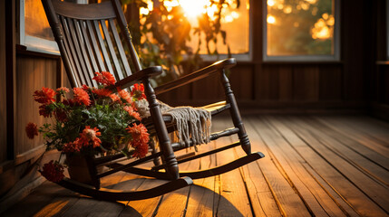 An antique wooden rocking chair bathed in the first rays of an autumn sunrise, casting long, inviting shadows across the floor of a room filled with vintage charm and nostalgia