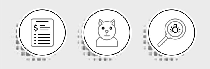 Set line Flea search, Grooming salon price list and Cat icon. Vector