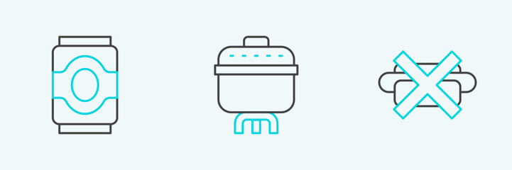 Set line No junk food, Soda can and Cooking pot icon. Vector