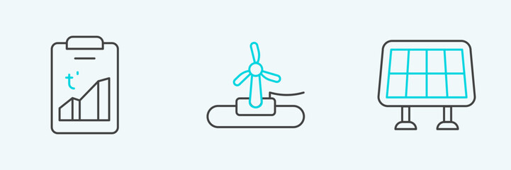 Set line Solar energy panel, Global warming and Wind turbine icon. Vector
