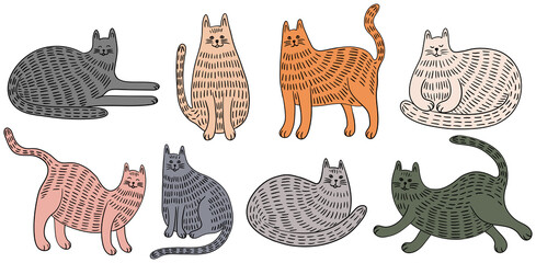 Set of cute cartoon cats. Hand drawn illustration in doodle style isolate on white collection.