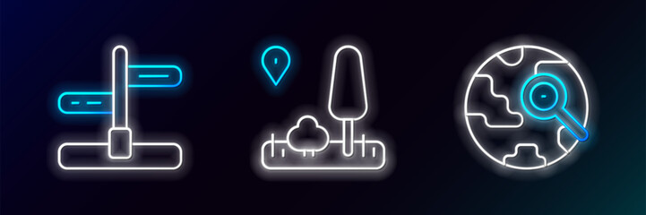 Set line Magnifying glass with globe, Road traffic sign and City map navigation icon. Glowing neon. Vector