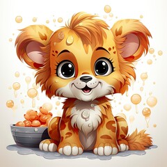 Obraz premium Charming illustrated lion cub sitting amidst bubbles, capturing a moment of curious wonder and vibrant detail.