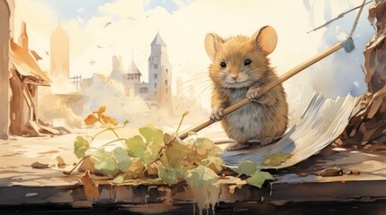 A little mouse cleaning an area with his broom