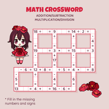 Math Crossword puzzle for kids. Addition, subtraction, multiplication and division