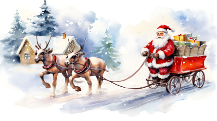 — Aujourd’hui à 11:11
Christmas greetings card, Santa Claus bringing presents on his sledge, watercolour, vivid colours, white background, frame free space