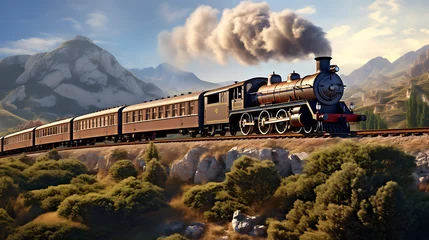 Foto op Canvas The orient express train moving at speed on the track on a sunny day with mountains in the background 1920 © Alin