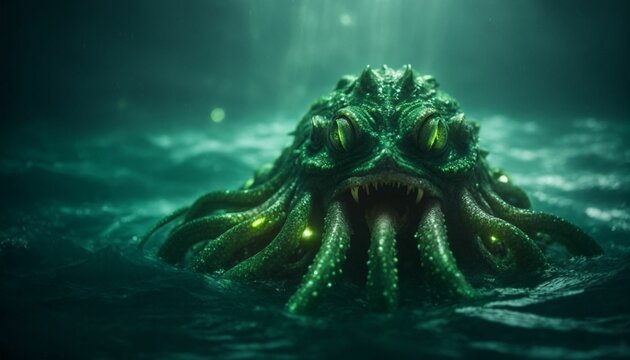 slimy green tentacled creature in an eerie lake by Generative AI