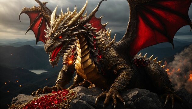 firebreathing red dragon on a mountain of red and gold jewels by Generative AI