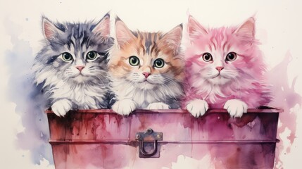 Watercolor Three cats sitting in a pink box