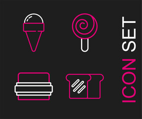 Set line Bread toast, Burger, Lollipop and Ice cream in waffle cone icon. Vector