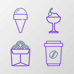 Set line Coffee cup to go, Noodles in box, Ice cream bowl and waffle cone icon. Vector