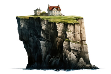 cliff with house surrounded by grass , isolated on transparent background, png file - obrazy, fototapety, plakaty