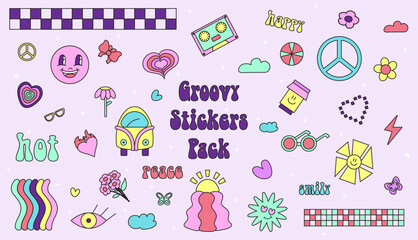 Fototapeta premium Big stickers pack in y2k style with purple, yellow, blue, green, pink colors set on purple background for stickers, wallpapers, greeting cards, icons, packaging, fabrics