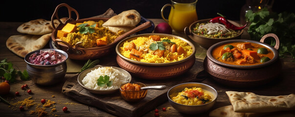 indian food collage assorted , chicken, Palak Paneer, Chiken Tikka, Biryani, 
Vegetable Curry, Papad, Dal, Palak Sabji, Jira Alu ,indian cuisine 
