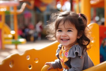 Smiling hispanic child girl in a slide in a playground outdoors.