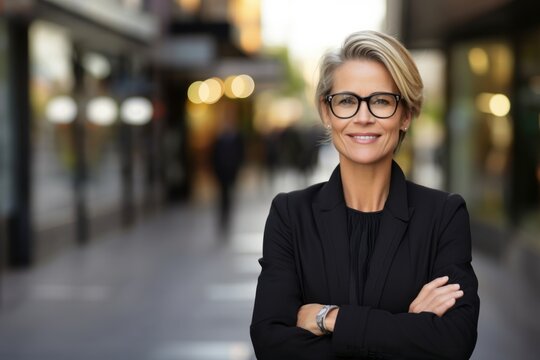 Portrait Of An Attractive Middle Age Older Woman With Arms Folded In City. Happy Confident 50s Person