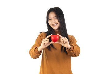 Asian Young Woman holding red heart isolated on white background with clipping path. health...