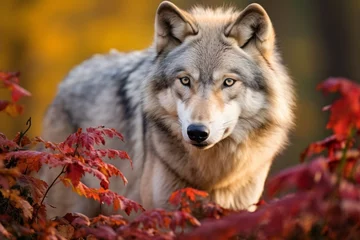 Foto auf Glas A wolf in a forest standing on a bed of red leaves © Florian