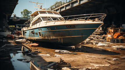 motorboat yacht in shipyard for repair and maintenance . generative ai
