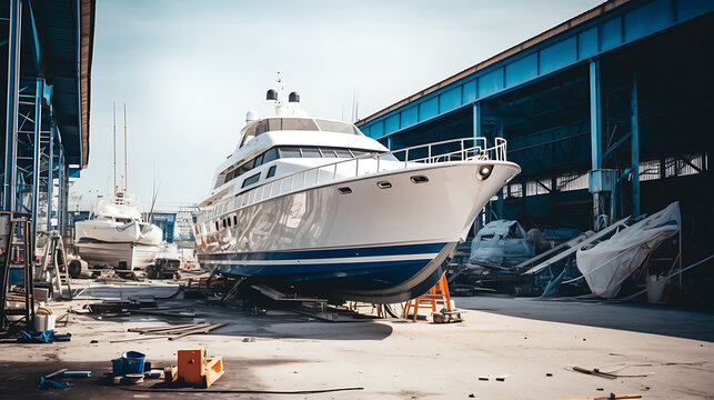 motorboat yacht in shipyard for repair and maintenance . generative ai

