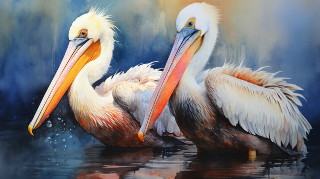Image of a watercolor drawing of a pair of pelicans