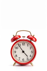 Red vintage alarm clock on white color background