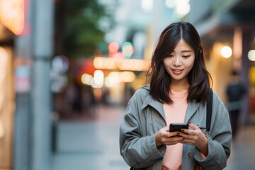 Fototapeta premium Young asian woman wearing casual clothes using smartphone in the city